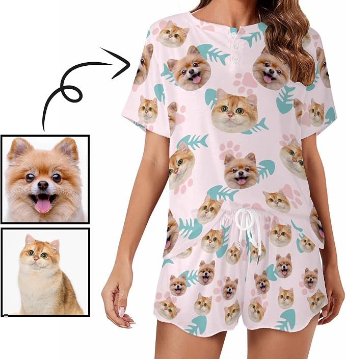 Custom Short Pajamas Set with Face Photo Women‘s Sleepwear Tee Personalized PJ - Image 2