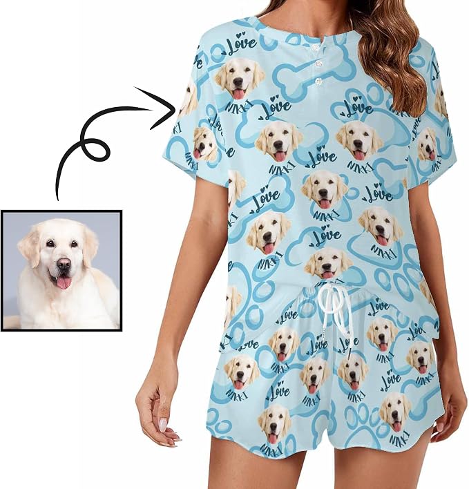 Custom Short Pajamas Set with Face Photo Women‘s Sleepwear Tee Personalized PJ - Image 2