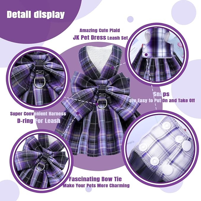 PETCARE Plaid Dog Dress Bow Tie Harness Leash Set - Image 5