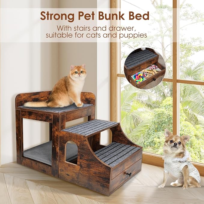Cat Window Perch with Removable Stairs, Large Pet Bunk Bed with Drawer and - Image 4