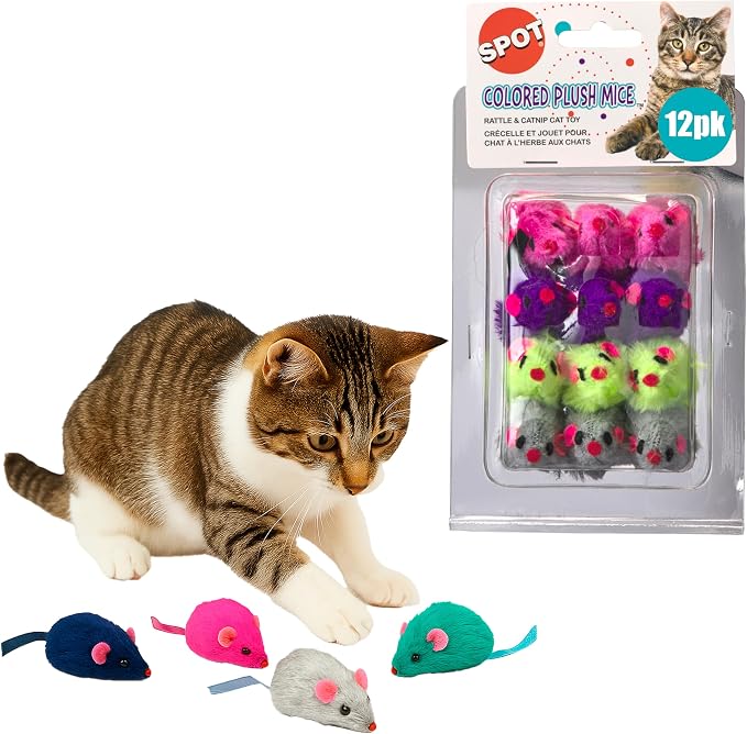 SPOT Colored Plush Catnip Mice Toys – 12-Pack of 4.5-Inch Rattle Mice – by SPOT