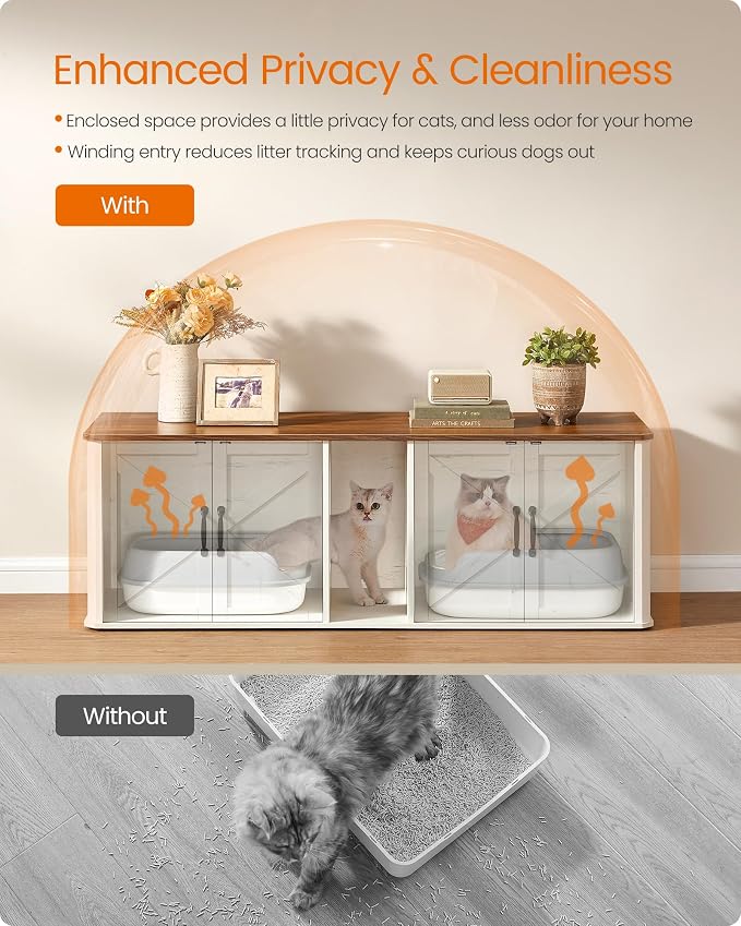 Feandrea Double Cat Litter Box Enclosure, Modern Litter Box Furniture Hidden - Image 6