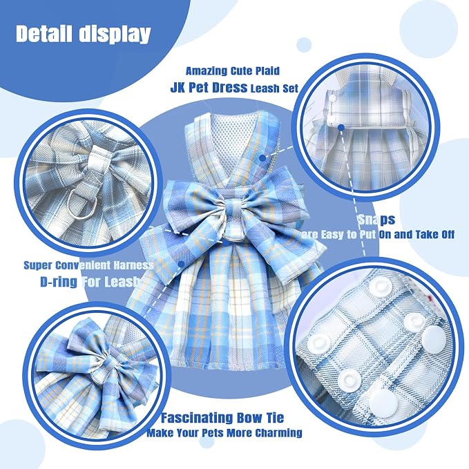 PETCARE Plaid Dog Dress Bow Tie Harness Leash Set - Image 6