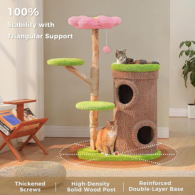Wood Cat Tree with Flower Perch, 53.5" Modern Cat Tower w/Natural Solid Wood - Image 3