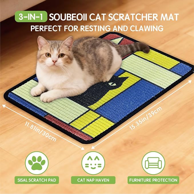 3-in-1 Sisal Cat Scratcher Mat 15x12 Inch – Art Cat Wall Scratcher - Image 3