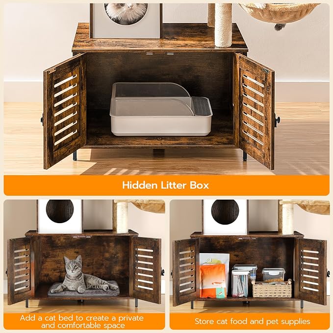 HOOBRO Cat Tree with Litter Box Enclosure, Scratching Posts, Litter Box - Image 4