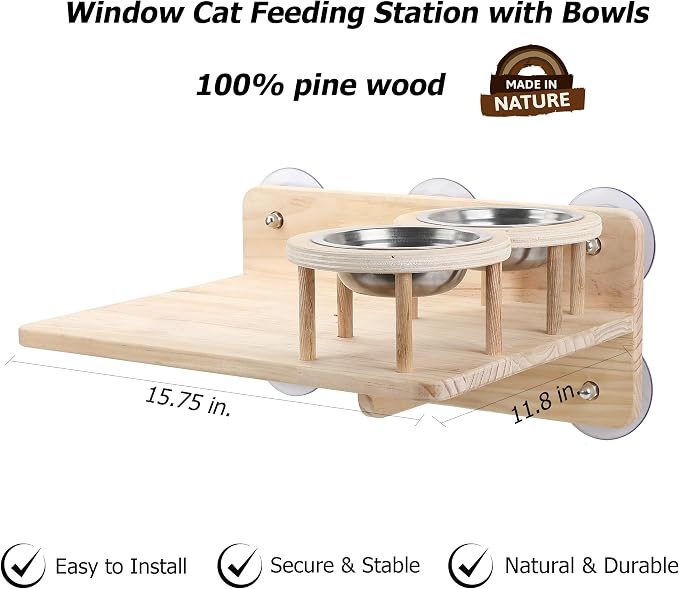Cat Window Shelf Feeding Station, Wood Window Seat Mounted - Image 3