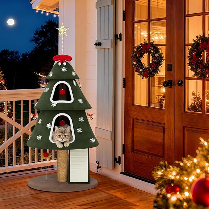 53" Large Christmas Cat Tree Tower: Indoor Green Heavy Duty Cat Condo House - Image 9
