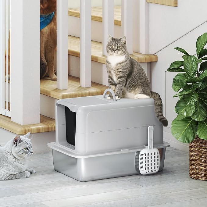 PawHut Stainless Steel Cat Litter Box, Extra Large 2 in 1 Metal Kitty Litter Pan - Image 8