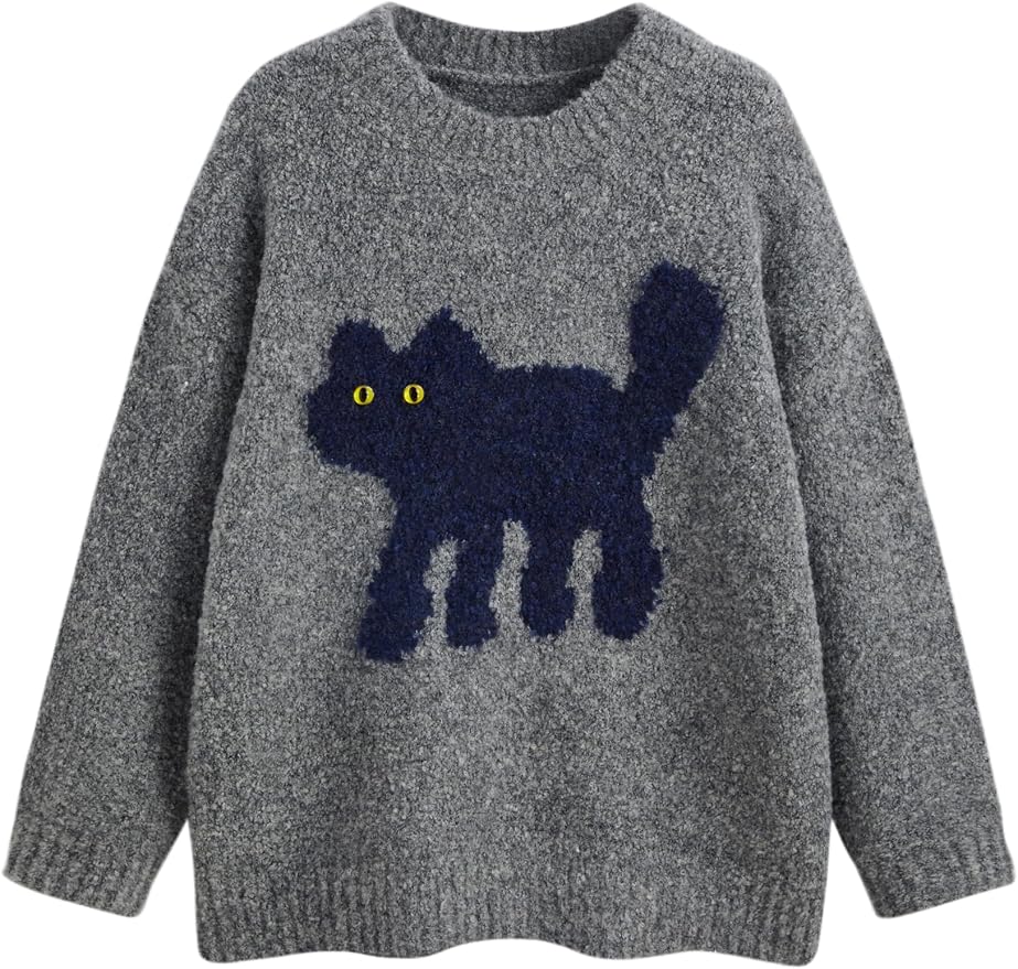 CIDER Women’s Cat Sweater Long Sleeve Crew Neck Fun Graphic Cute Patterned by CIDER