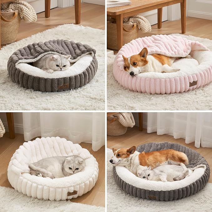 Cat Bed with Hooded Blanket, Round Fluffy Anti-Anxiety Pet Bed - Image 6