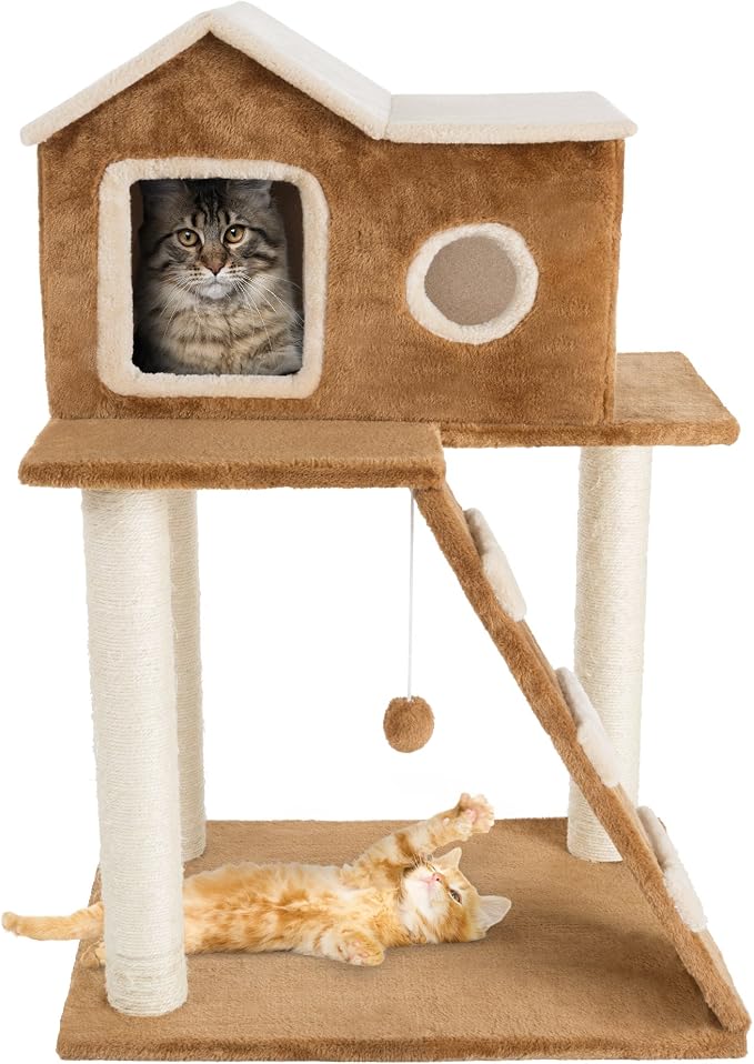 35in Cat Tree with Climb-Up Ladder, Cat Condo, 3 Sisal Rope Cat Scratching Posts by PETMAKER