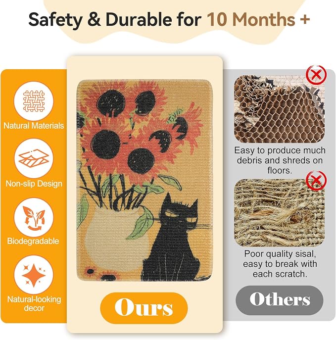 3-in-1 Sisal Cat Scratch Mat Sunflower 23.6x15.7'' Floor & Wall Cat Scratcher - Image 7