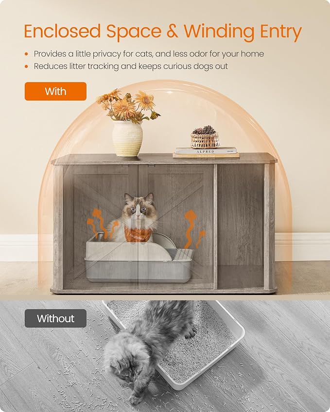 Feandrea Litter Box Enclosure, Modern Cat Litter Box Furniture Hidden, Front - Image 6
