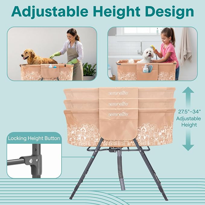 SereneLife Foldable Dog Bath Tub with Adjustable Height, 360° Access, Drain Hose & Storage Pockets – 130 lb Capacity Grooming Station for Indoor/Outdoor Use (Beige) - Image 4