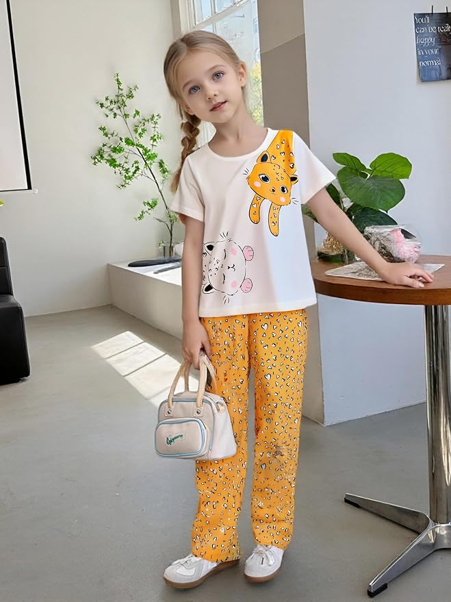4-8T Toddler Girl Clothes Cat face print Short Sleeve Top+Pants Outfits Girl - Image 4