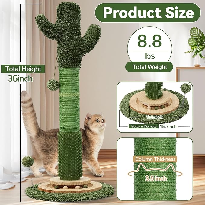 OTOB 36" Tall Cat Scratching Post, Natural Sisal Rope Cactus Cat Scratch Post - Image 3
