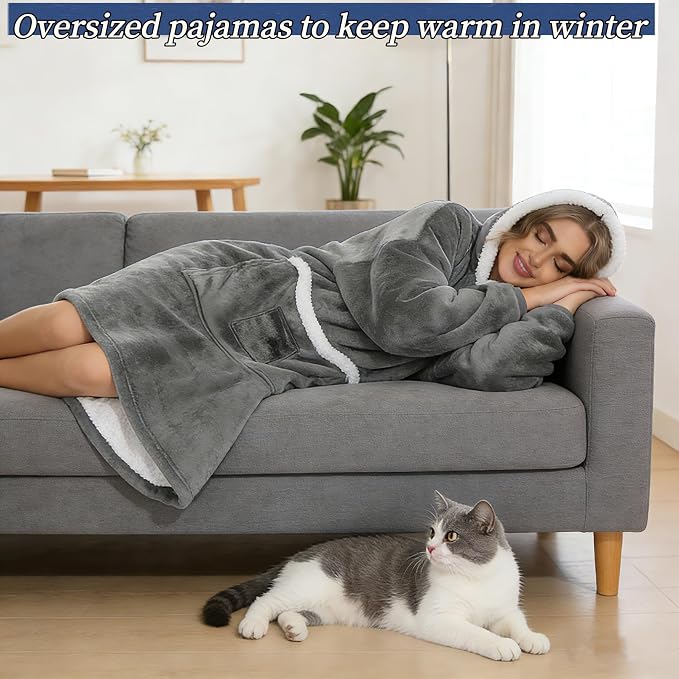 Wearable Blanket Hoodie with Giant Pocket, Soft Warm Sherpa Fleece Oversized - Image 7