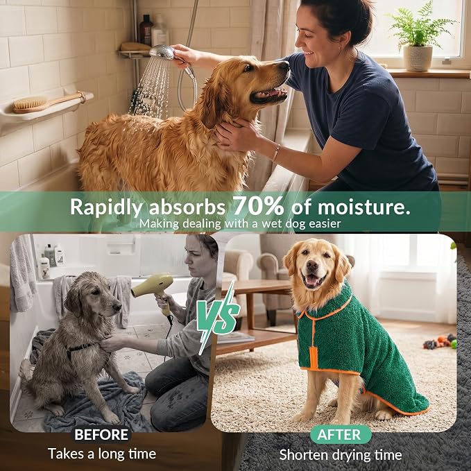 Bienbee Dog Bathrobe, Super Absorbent for Small to Large Dogs, Green XL - Image 3