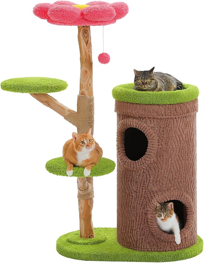 Wood Cat Tree with Flower Perch, 53.5" Modern Cat Tower w/Natural Solid Wood by MUTTROS