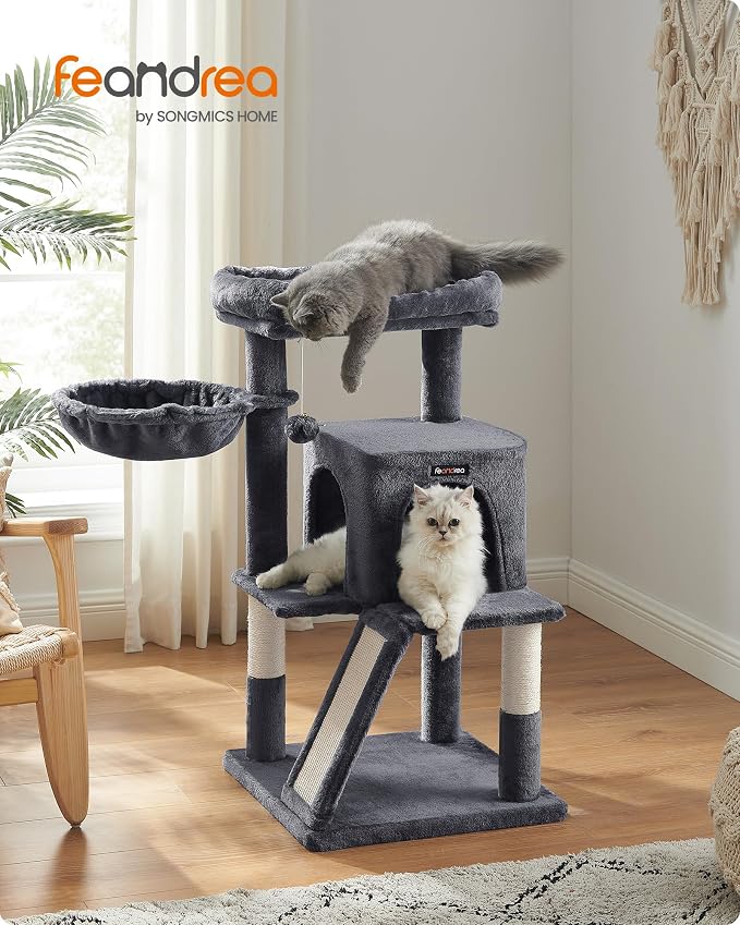 Feandrea Cat Tree, 37.8-Inch Cat Tower, Scratching Posts and Ramp, 2-Door Cave - Image 2