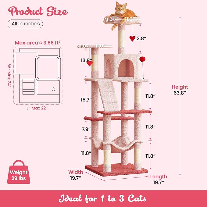 MWPO Cute Cat Tree, 63.8-Inch Pink Cat Tower - Image 6