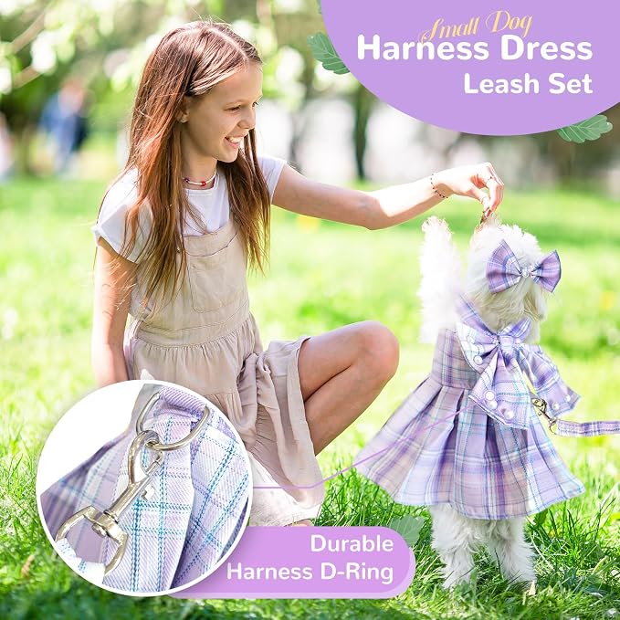 PETCARE Cute Dog Dress Clothes for Small Dogs Cats Girl Female Purple Plaid Bow - Image 2
