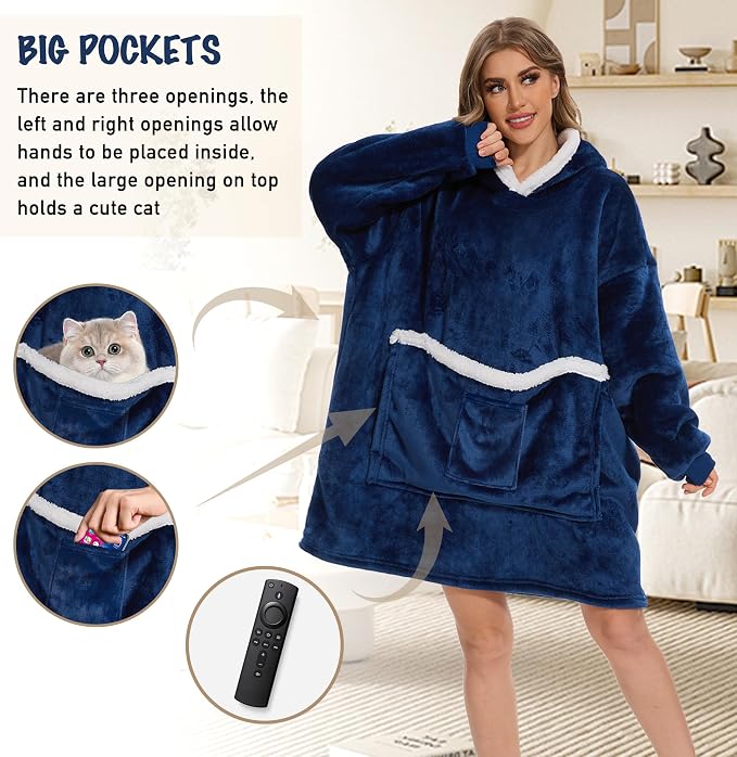 Wearable Blanket Hoodie with Giant Pocket, Soft Warm Sherpa Fleece Oversized - Image 4