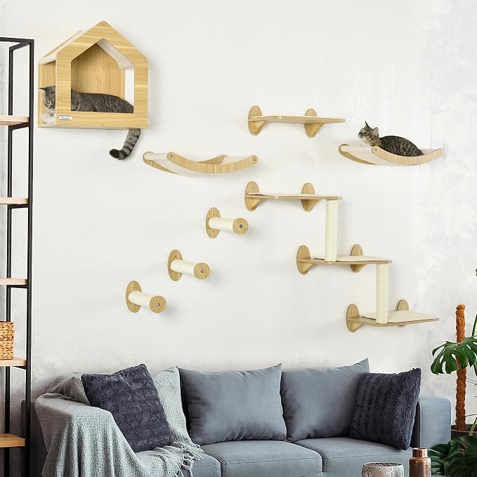 PawHut 8Pcs Wall Mounted Cat Tree Cat Shelf Set, Wall Furniture - Image 2