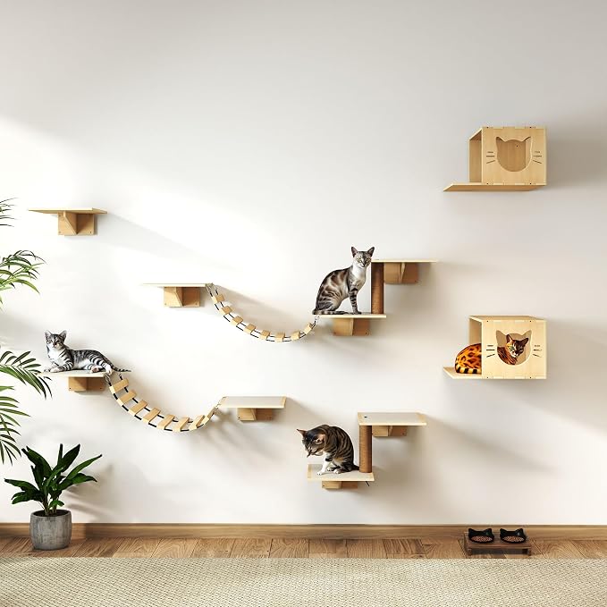 COZIWOW Cat Wall Shelves, 8-In-1 Cat Wall Furniture Set, Wood Large Cat Shelves - Image 2