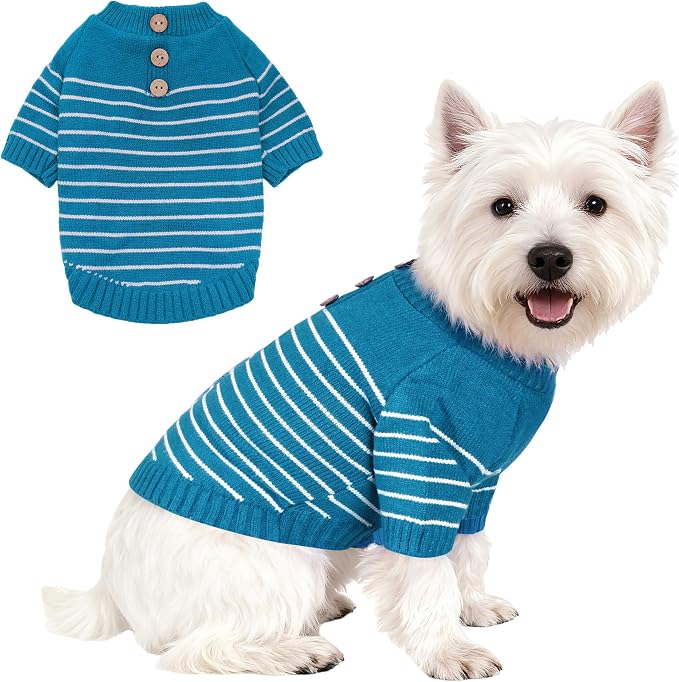 Dog Knitted Sweater with Wooden Buttons Cozy Pet Striped Winter Clothes by Pistha