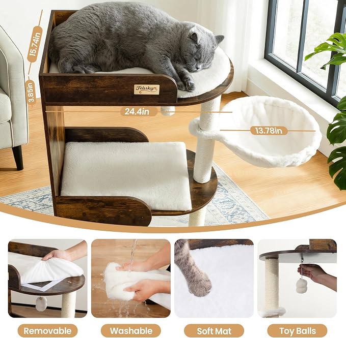 Modern Wood Cat Tree Tower for Indoor Large Cats, Cat Scratching Posts - Image 2