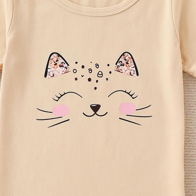 4-8T Toddler Girl Clothes Cat face print Short Sleeve Top+Pants Outfits Girl - Image 3