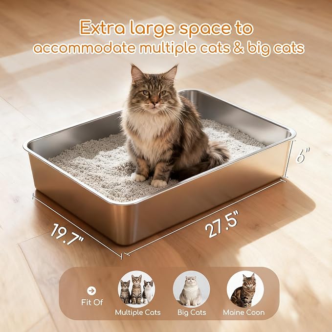 Soulbond Stainless Steel Litter Box, 27.5" L x 19.7" W x 6" H Extra Large Metal - Image 2