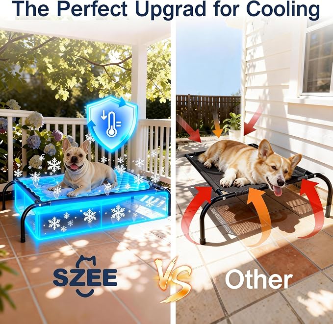 SZEE Raised Dog Bed with Detachable 2-Sided Cooling/Warming Waterproof Mat - Image 2