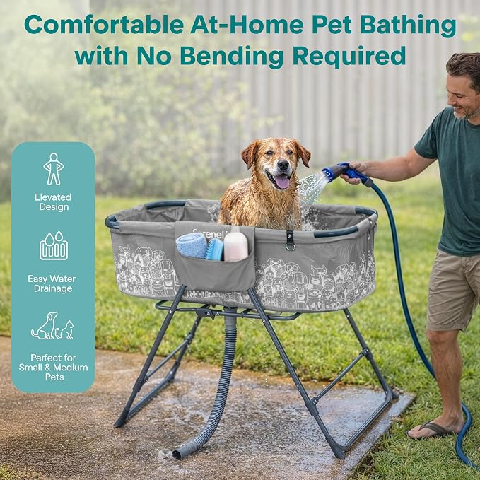 SereneLife Foldable Dog Bath Tub with Adjustable Height, 360° Access, Drain Hose & Storage Pockets – 130 lb Capacity Grooming Station for Indoor/Outdoor Use (Gray) - Image 2