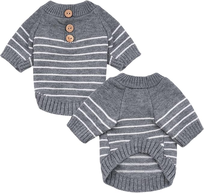 Dog Knitted Sweater with Wooden Buttons Cozy Pet Striped Winter Clothes - Image 2