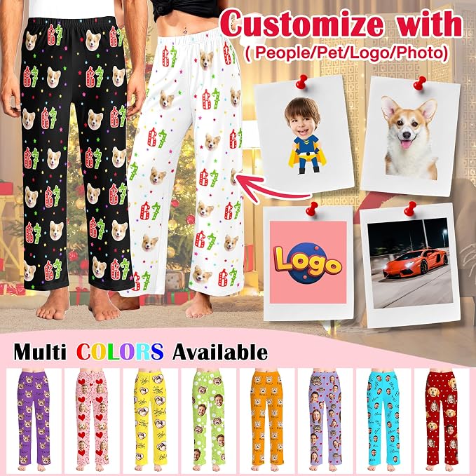 Custom Pajama Pants for Women Men, Personalized 67 Name Photo PJ Family Six - Image 4