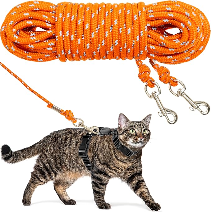 Reflective Cat Leash, 15ft Escape Proof Walking Lead Yard Long Leash, Extender by CHERPET
