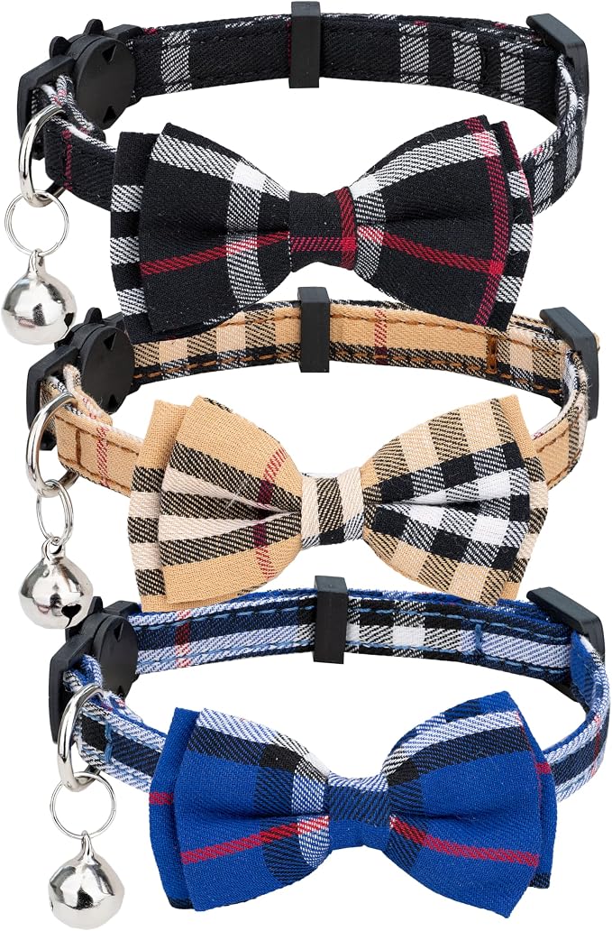Cat Collar 3pcs Set Classical Plaid Tartan Grid Pattern Detachable Bowtie & by TOOPHOTO