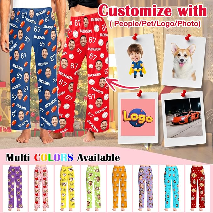 Custom Pajama Pants for Women Men, Personalized 67 Name Photo PJ Family Six - Image 4