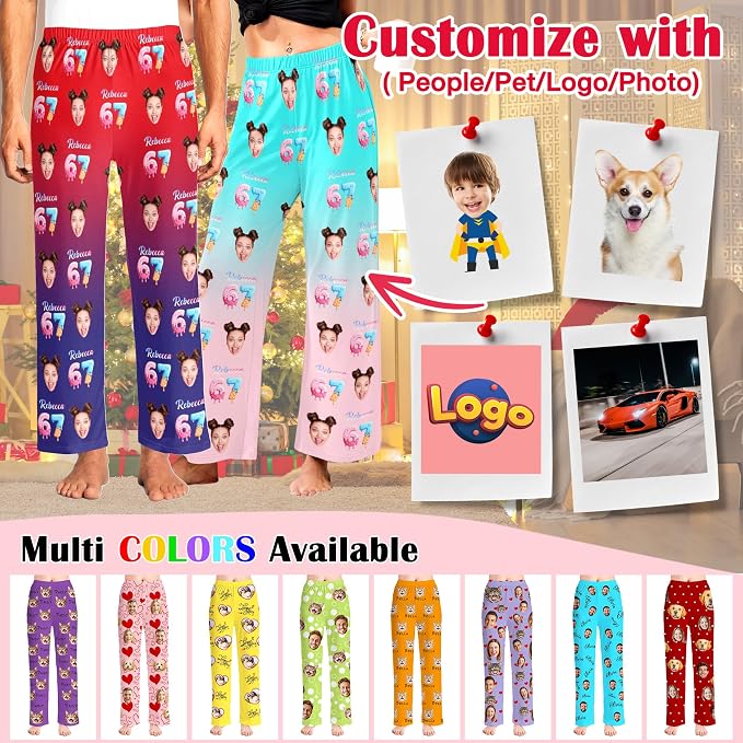 Custom Pajama Pants for Women Men, Personalized 67 Name Photo PJ Family Six - Image 4