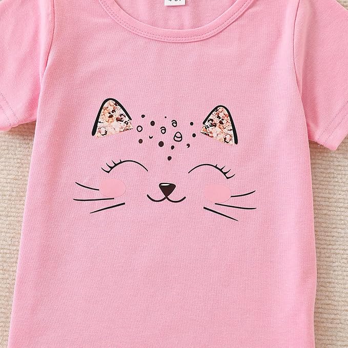 4-8T Toddler Girl Clothes Cat face print Short Sleeve Top+Pants Outfits Girl - Image 3