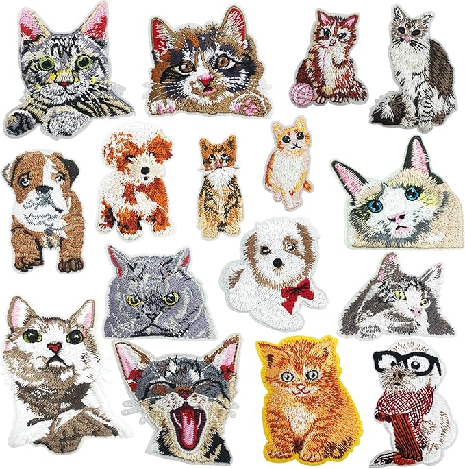 Woohome 16 PCS Cat and Dog Iron On Patches Assorted Cute Kitten Mini Cats Sew by Woohome