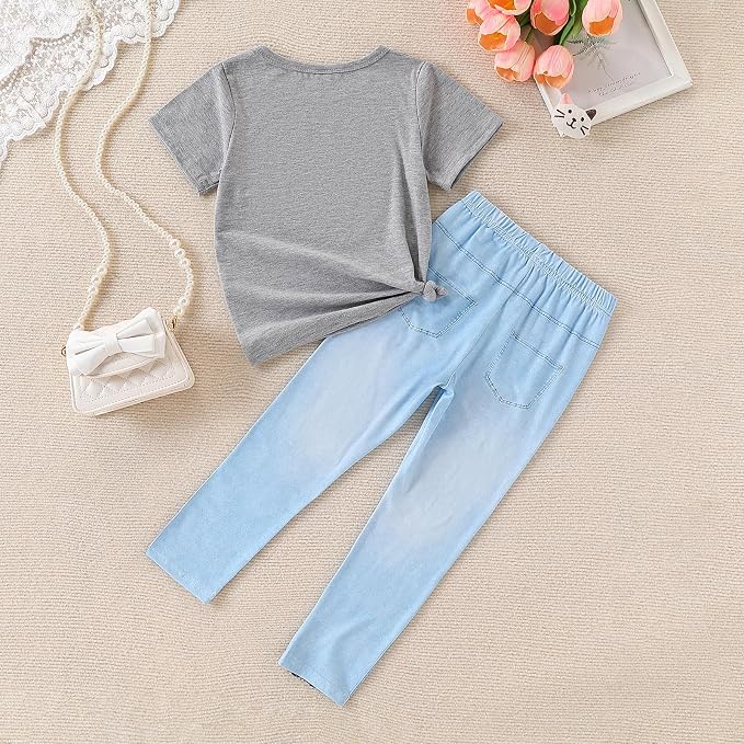 4-8T Toddler Girl Clothes Cat face print Short Sleeve Top+Pants Outfits Girl - Image 7