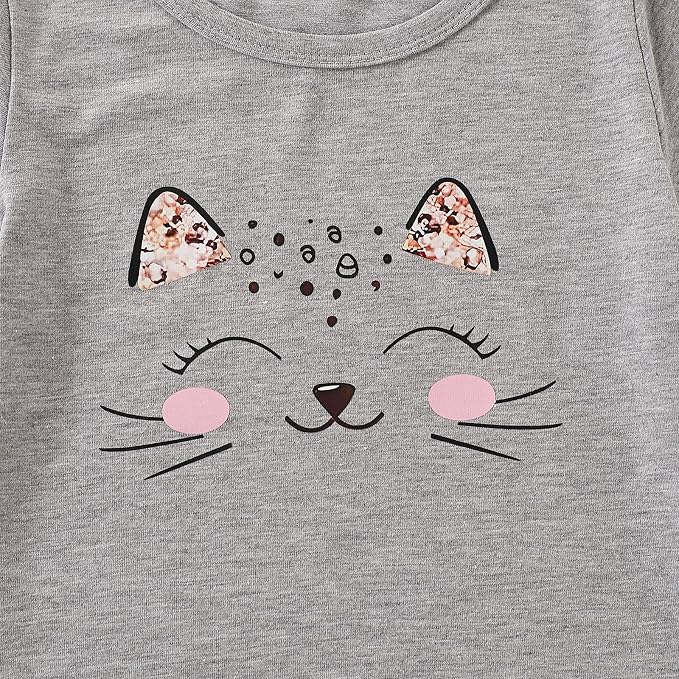 4-8T Toddler Girl Clothes Cat face print Short Sleeve Top+Pants Outfits Girl - Image 3