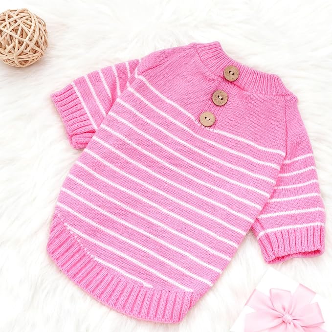 Dog Knitted Sweater with Wooden Buttons Cozy Pet Striped Winter Clothes - Image 4