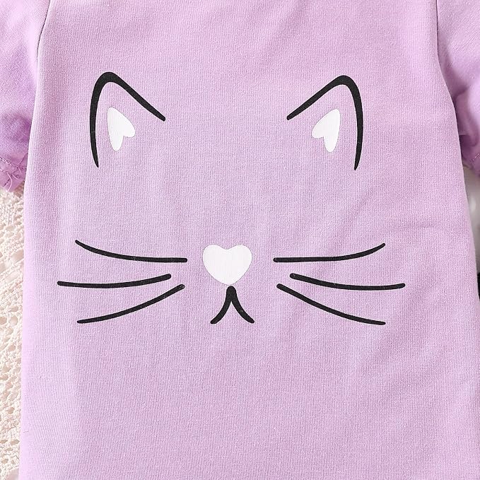 4-8T Toddler Girl Clothes Cat face print Short Sleeve Top+Pants Outfits Girl - Image 4