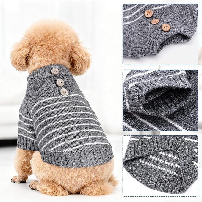 Dog Knitted Sweater with Wooden Buttons Cozy Pet Striped Winter Clothes - Image 4