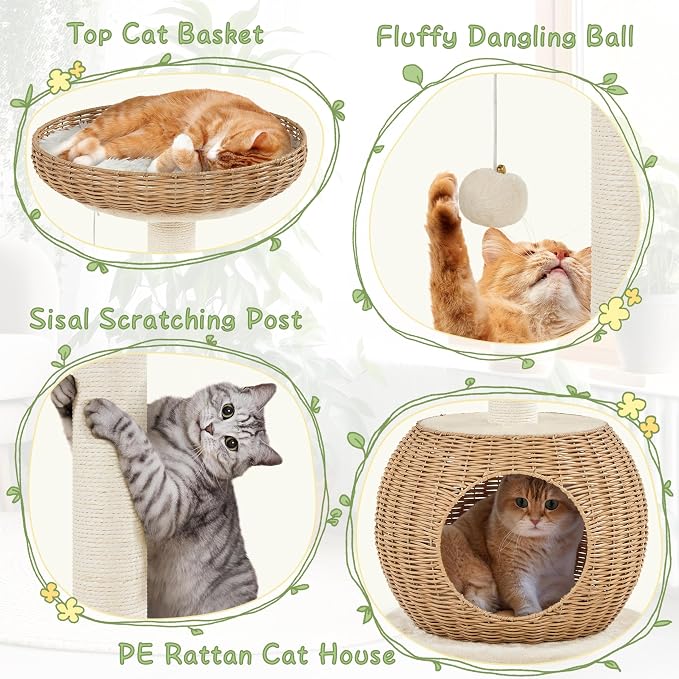 Yaheetech Cat Tree, 29.5in Rattan Cat Tower - Image 3